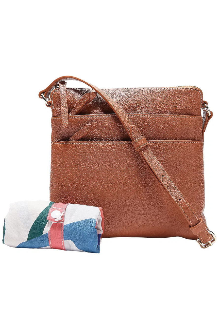Real Simple Pebble Leather Multi-Zip Crossbody with RFID Saddle